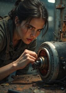 Woman replacing electrical motor